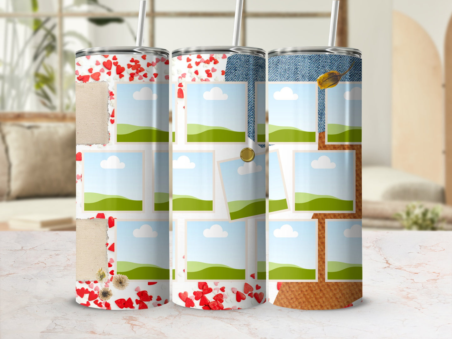 Three tumblers with photo collage designs, featuring hearts, denim, and floral elements.
