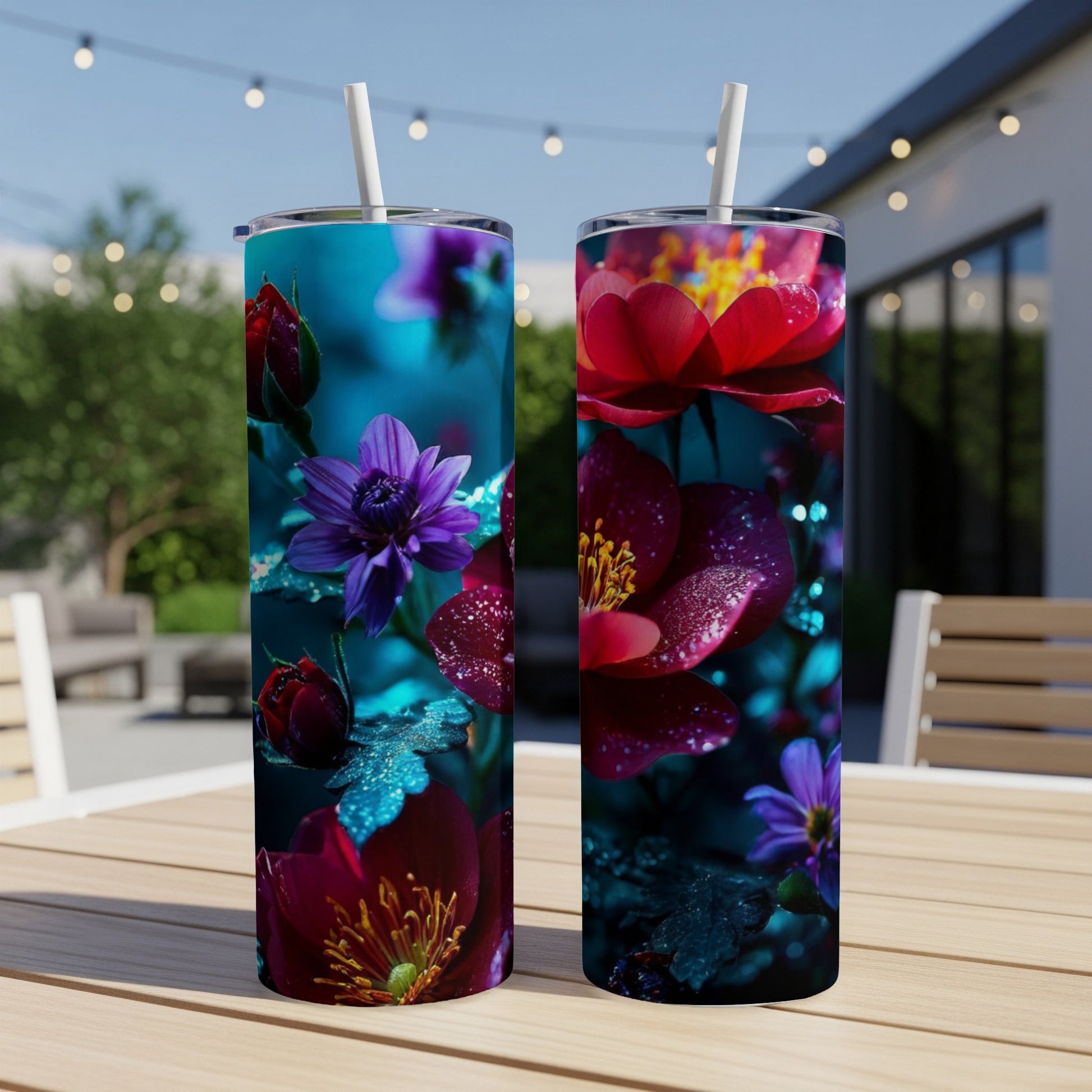 Two tumblers featuring vibrant red and purple flowers and dew drops.