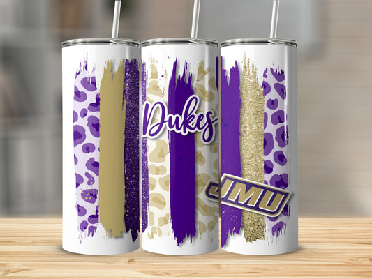 Dukes JMU Brush Strokes Purple Gold Leopard Print Tumblers