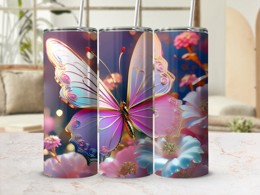 Three tumblers with iridescent butterflies and floral designs.