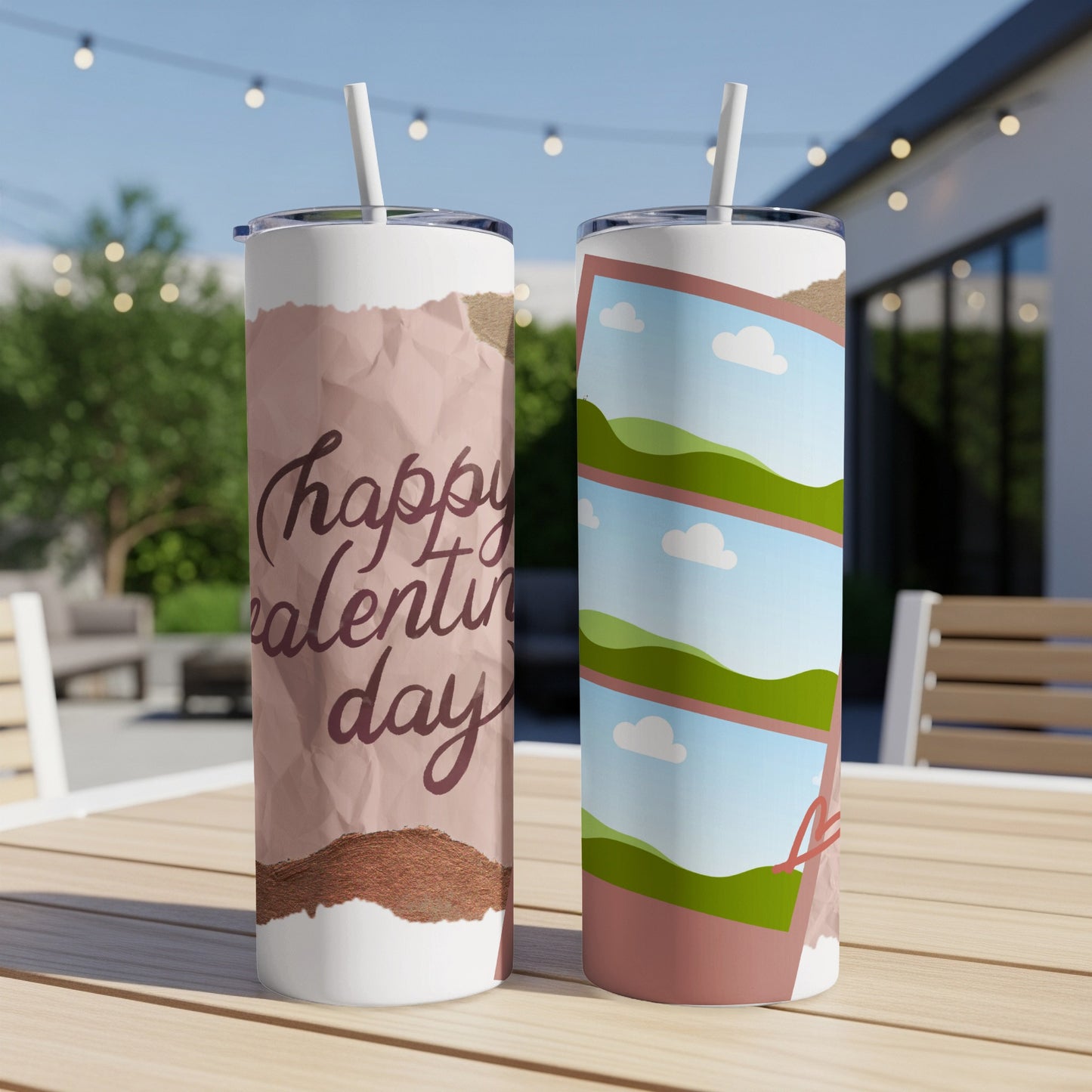 Two tumblers, one with "happy valentine day" text, the other with a landscape design.