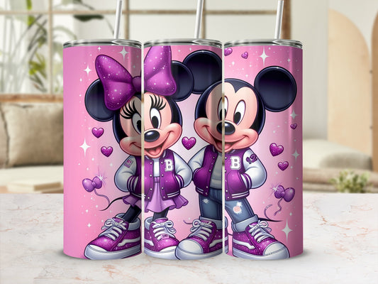 Cute Pink Glittery Mickey and Minnie Mouse Tumbler