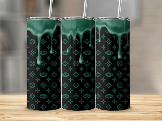 New York Jets Logos Green Drip Pattern Black Background Tumblers