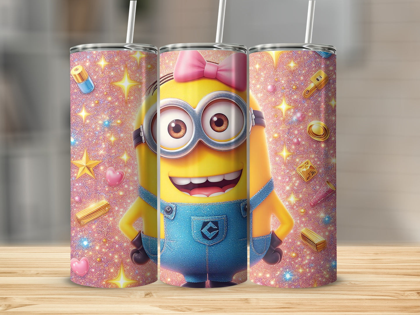 Cute Minion Tumbler with Stars and Glitter Print