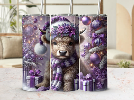 Highland cow wearing a Santa hat and scarf, surrounded by purple ornaments and gifts.