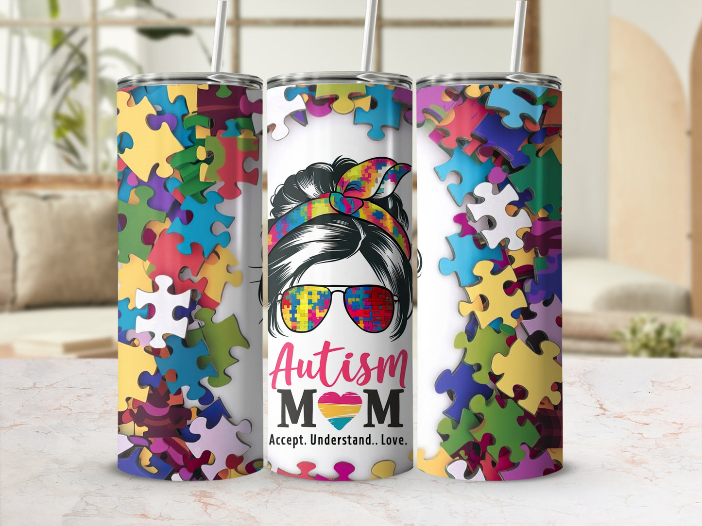 Autism Mom accepts, understands, loves puzzle tumbler with colorful puzzle pieces background.