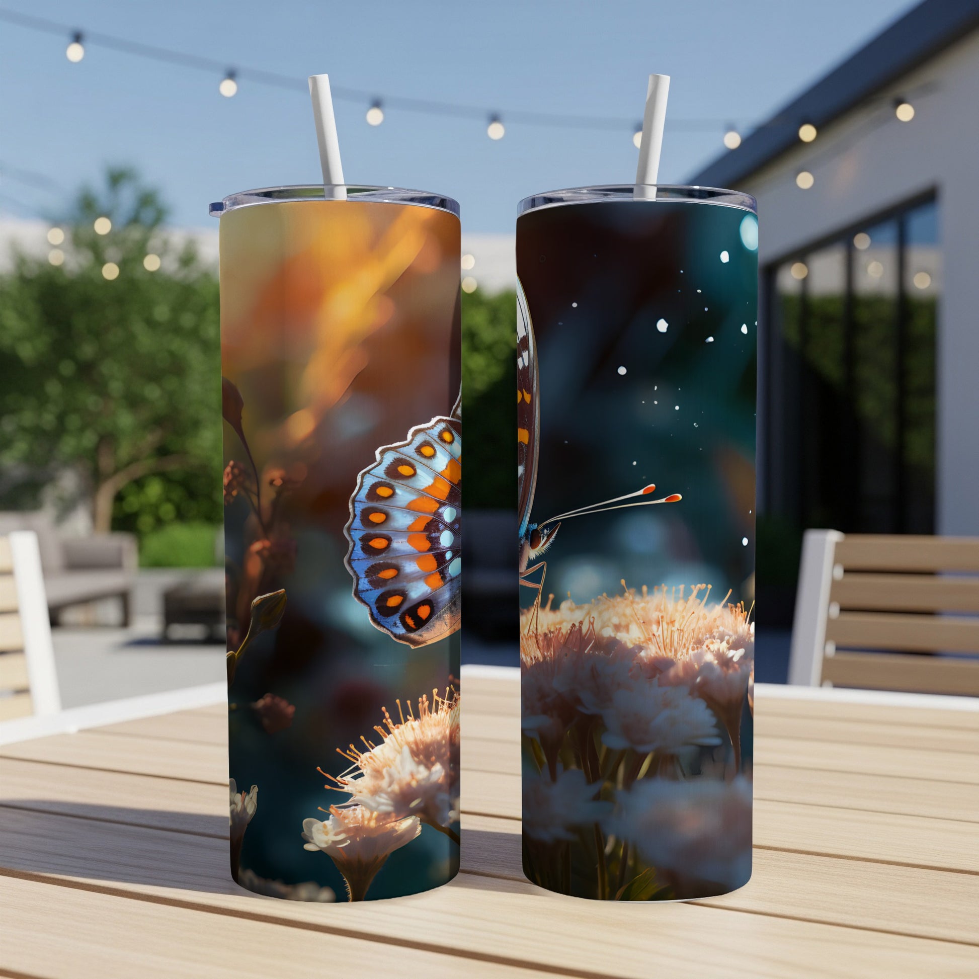Two tumblers featuring a close-up of a colorful butterfly on a flower.
