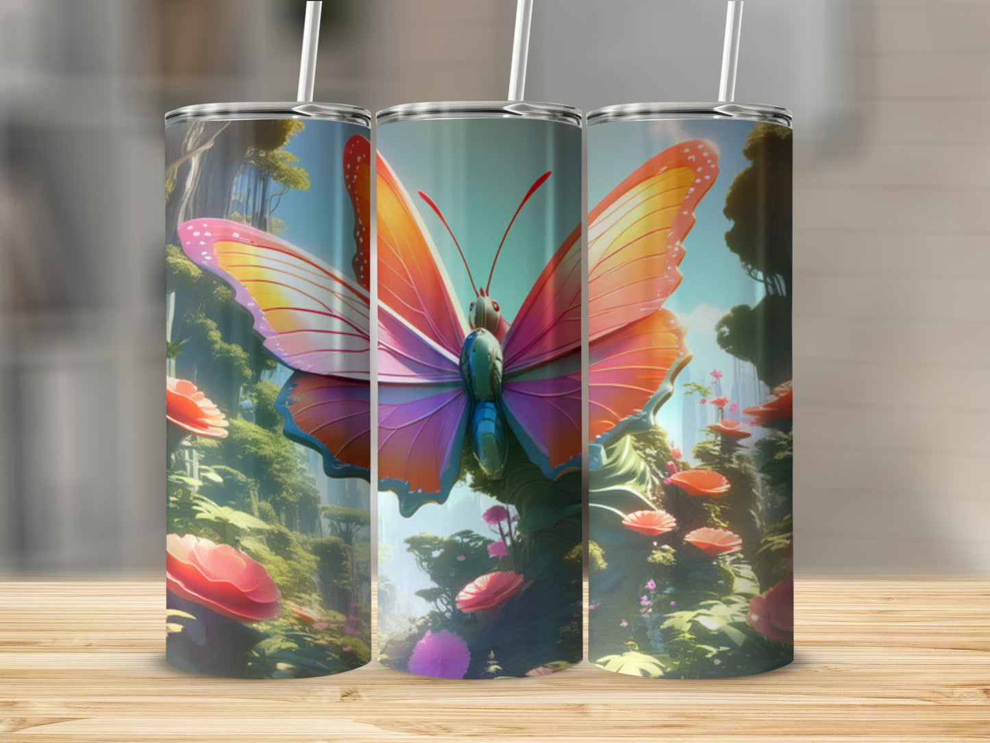 Butterfly and floral design on a set of three tumblers.