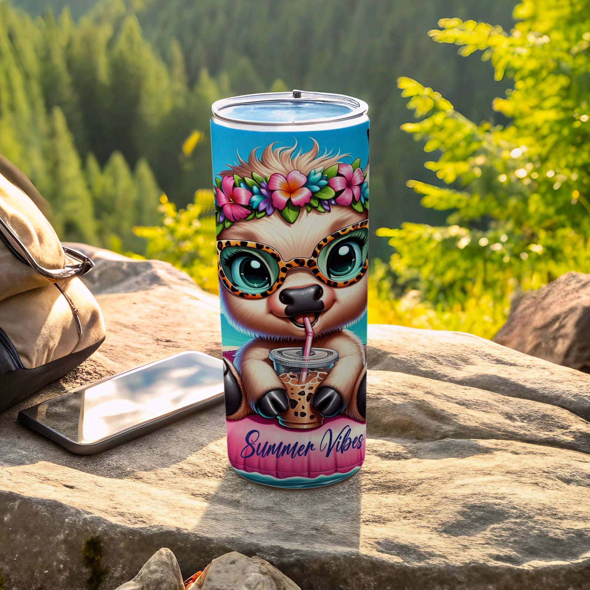 Sloth tumbler with floral headband, glasses, and "Summer Vibes" text.