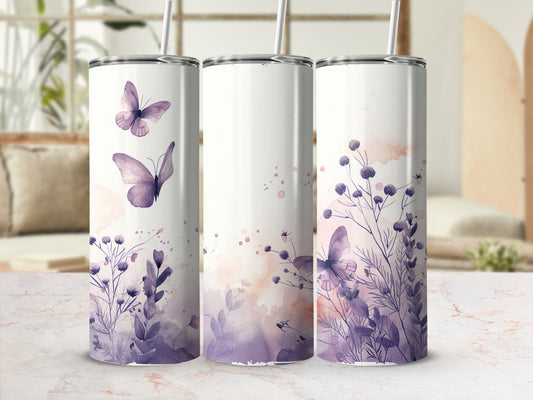 Purple butterflies and floral watercolor design on three white tumblers.