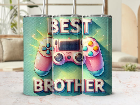"Best Brother" text with a pink video game controller on a teal background.
