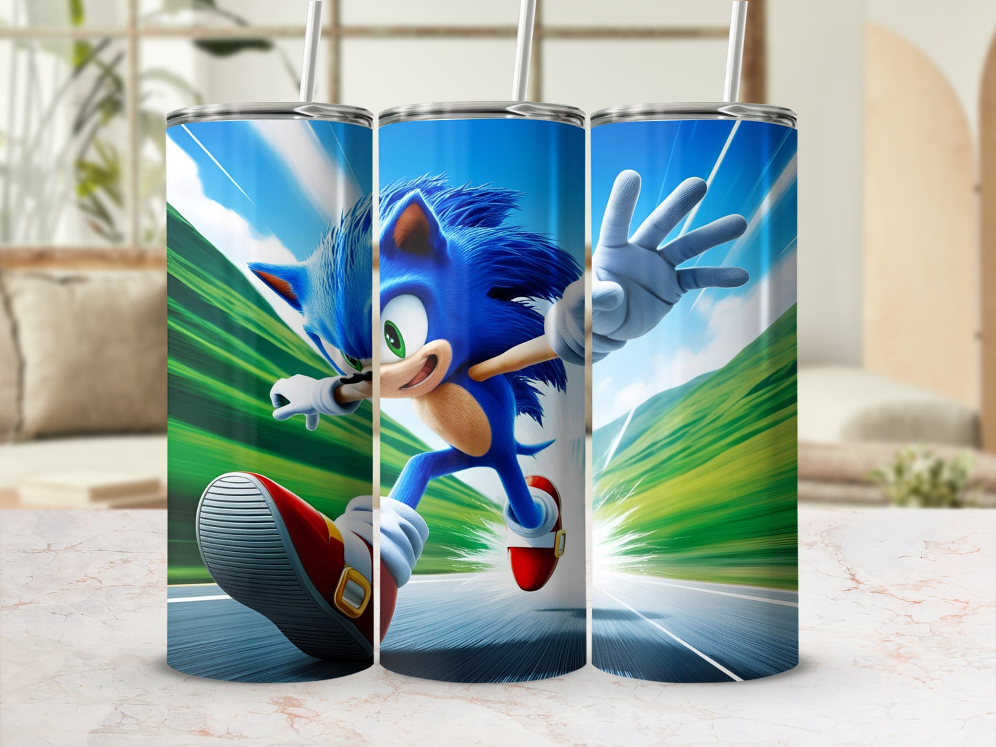 Sonic the Hedgehog running with motion blur on a road.