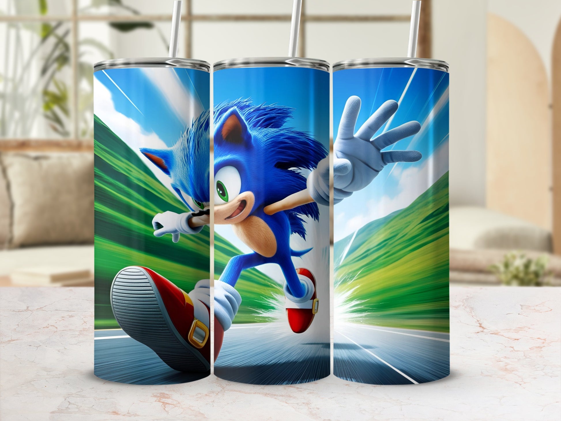 Sonic the Hedgehog running with motion blur on a road.