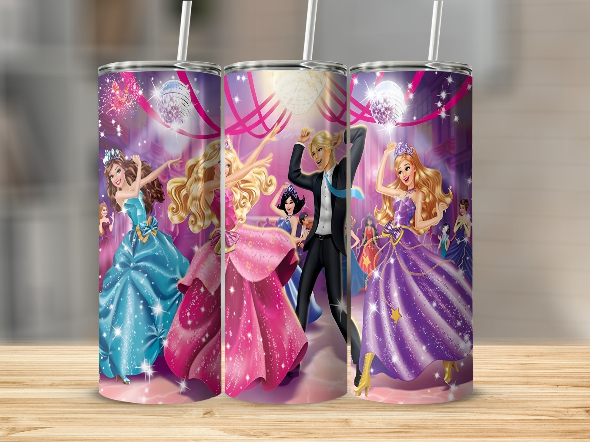 Three tumblers featuring dancing cartoon characters in colorful dresses and suits.
