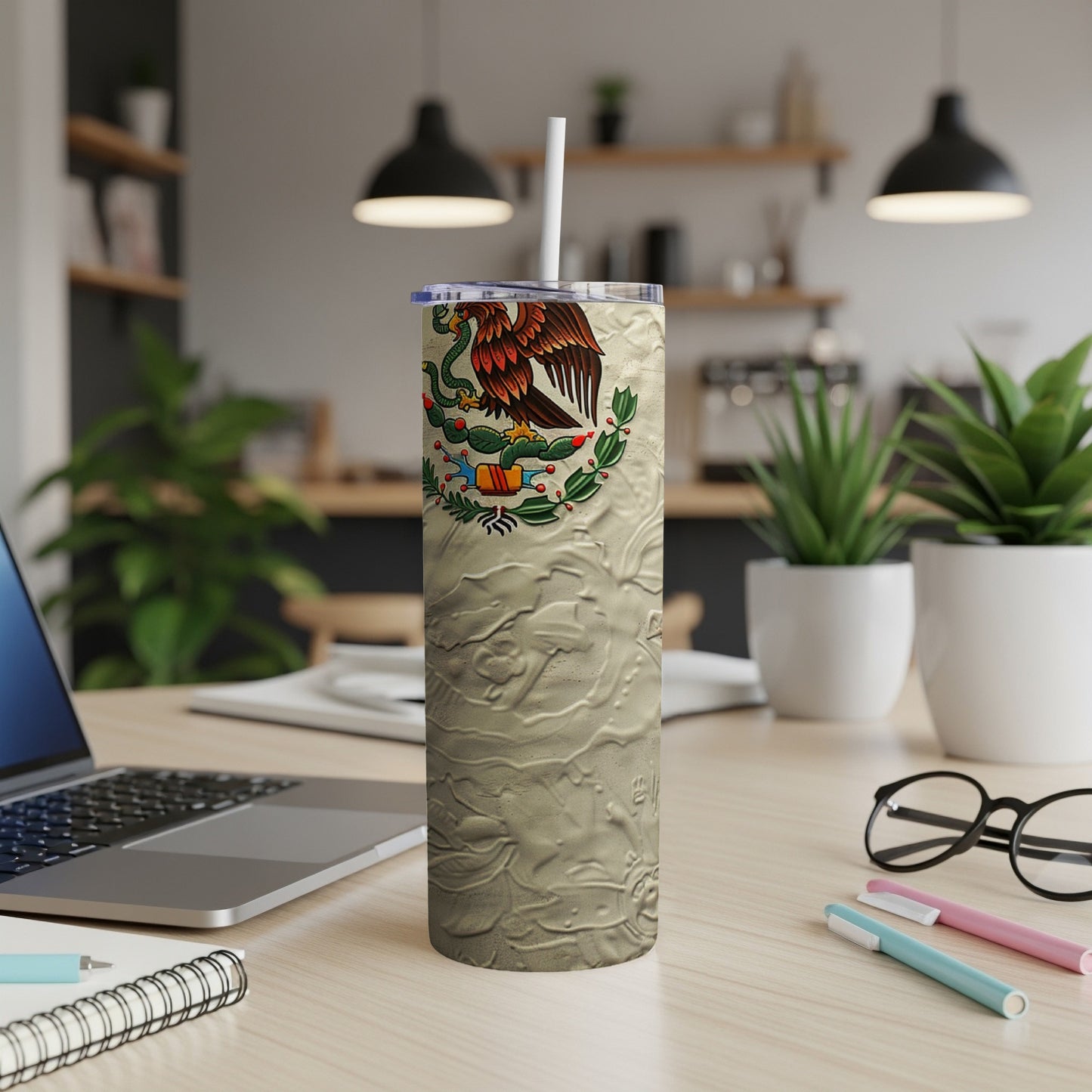 Embossed tumbler with Mexican flag and eagle design, with straw.