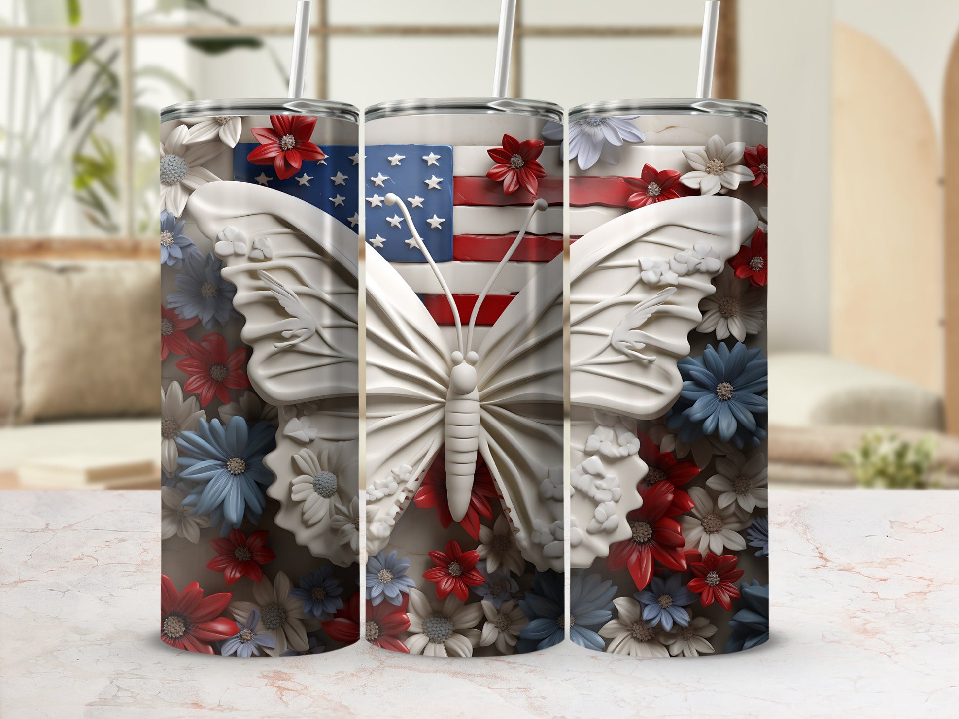 White butterfly with American flag and floral pattern on a tumbler.