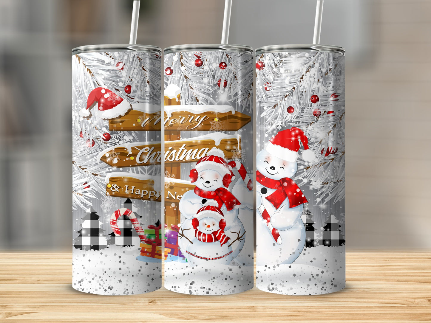 Three snowmen with Santa hats and scarves, festive signs, and candy canes.