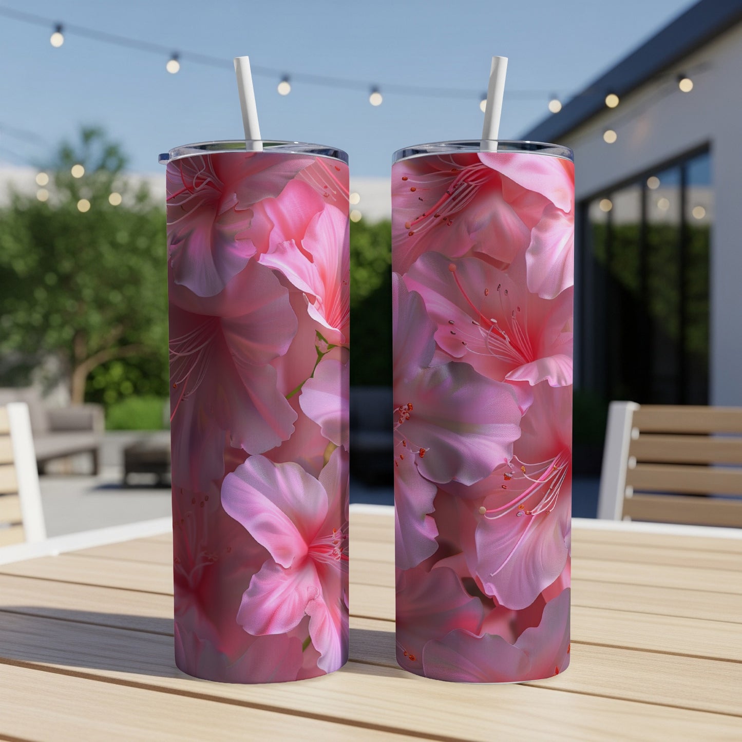 Two pink floral patterned tumblers with straws on a wooden table.