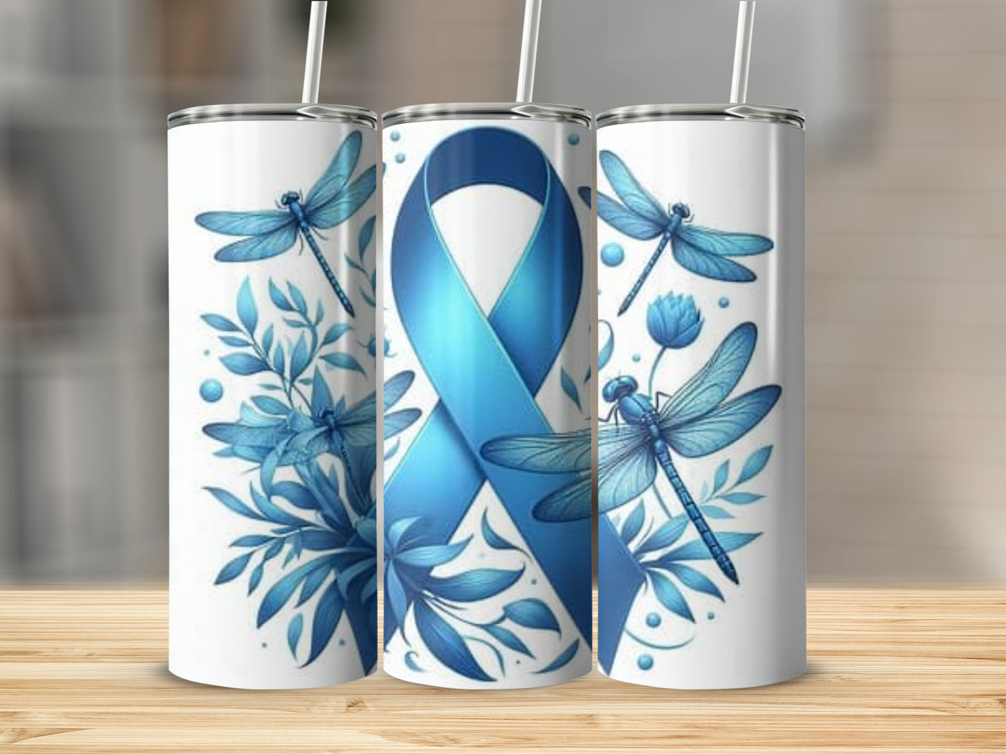 Blue Awareness Ribbon and Dragonflies Tumbler Cup