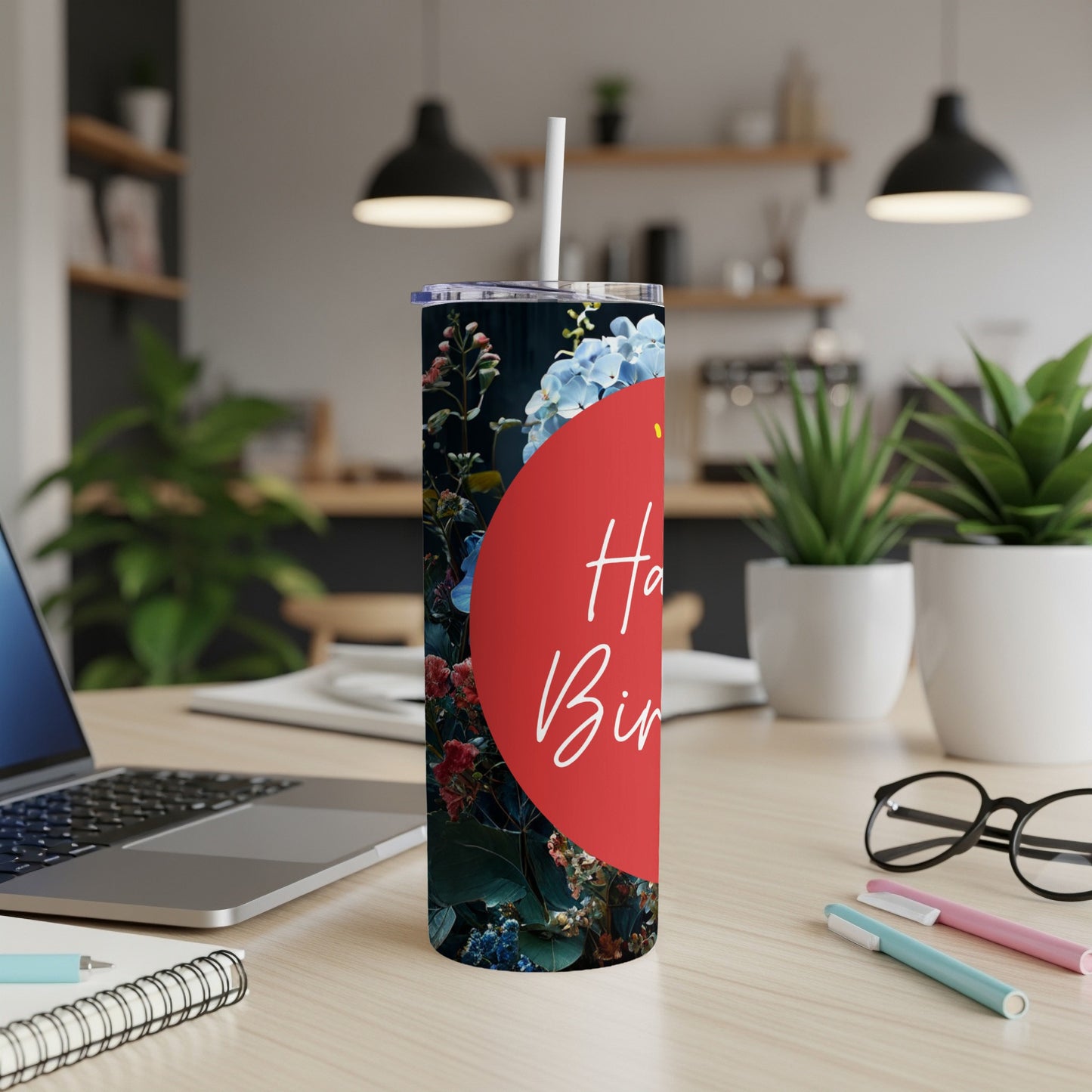 Tumbler with "Happy Birthday" text and floral design.