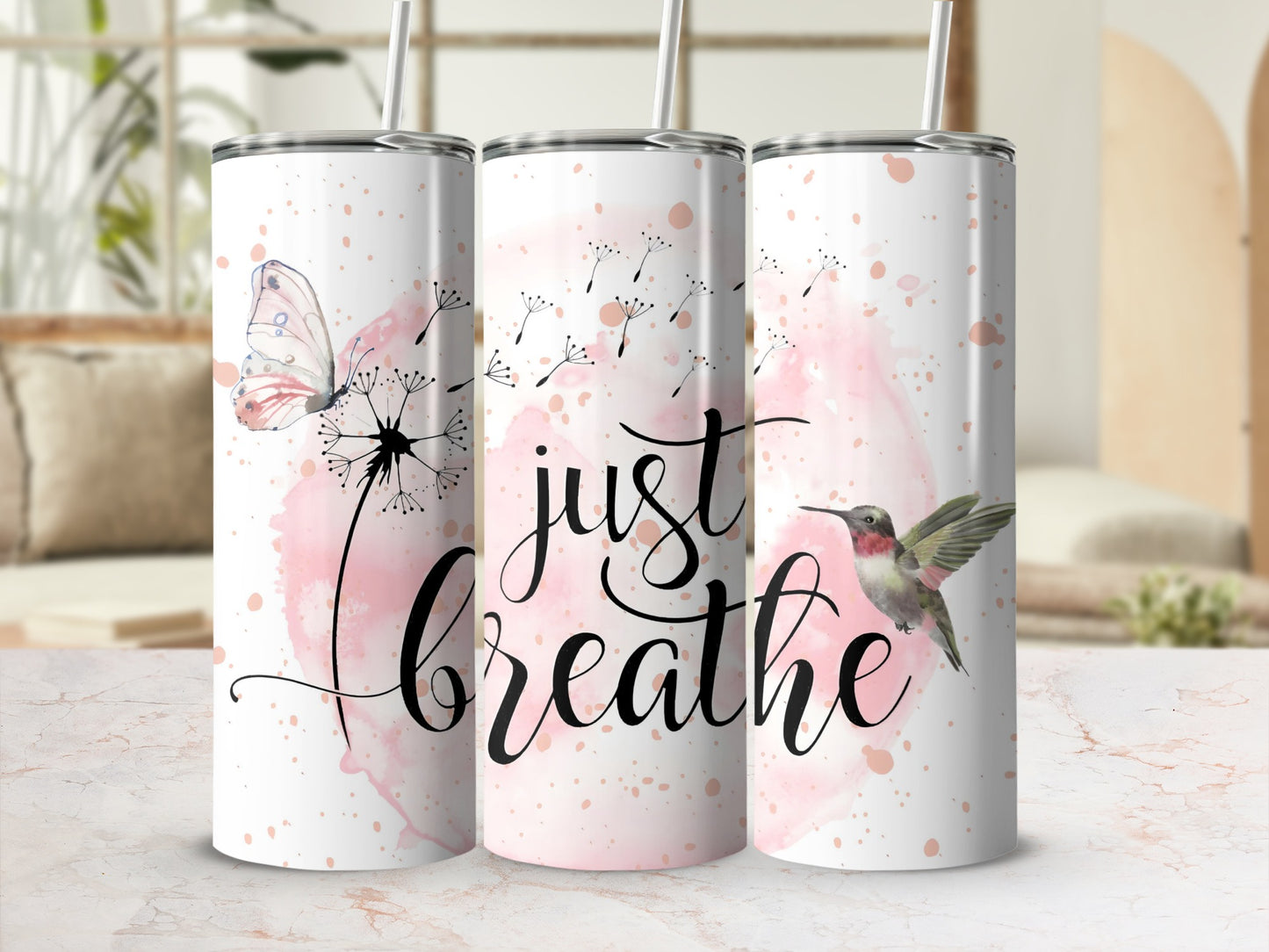 Just Breathe Tumbler with Butterfly and Hummingbird Design