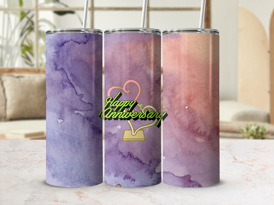 Three tumblers with watercolor designs and "Happy Anniversary" text.