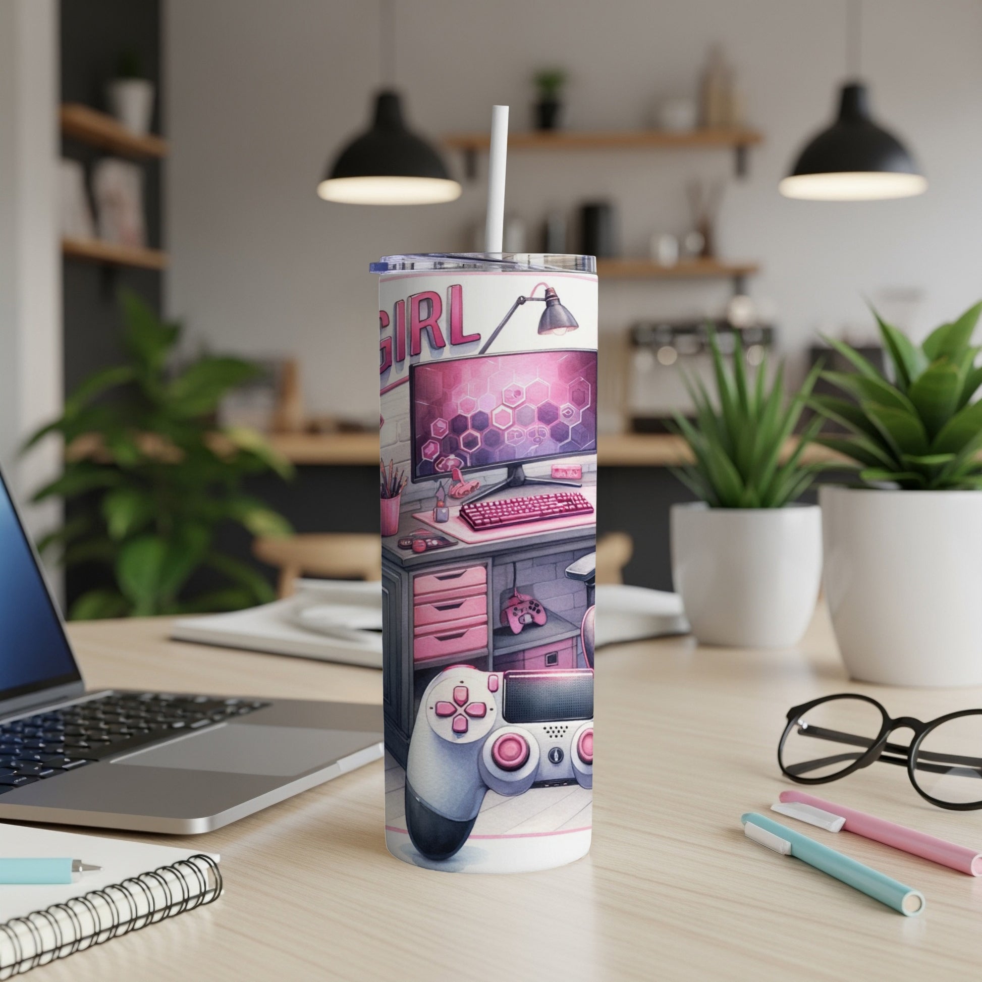Pink tumbler with "Gamer Girl" text and gaming setup illustration.