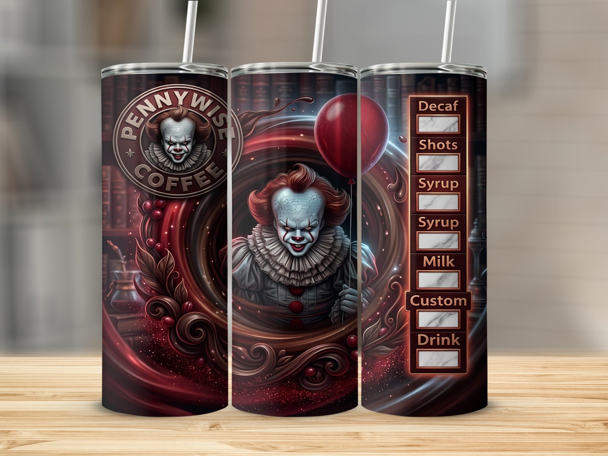 Pennywise coffee tumbler with red balloon and decorative coffee elements.