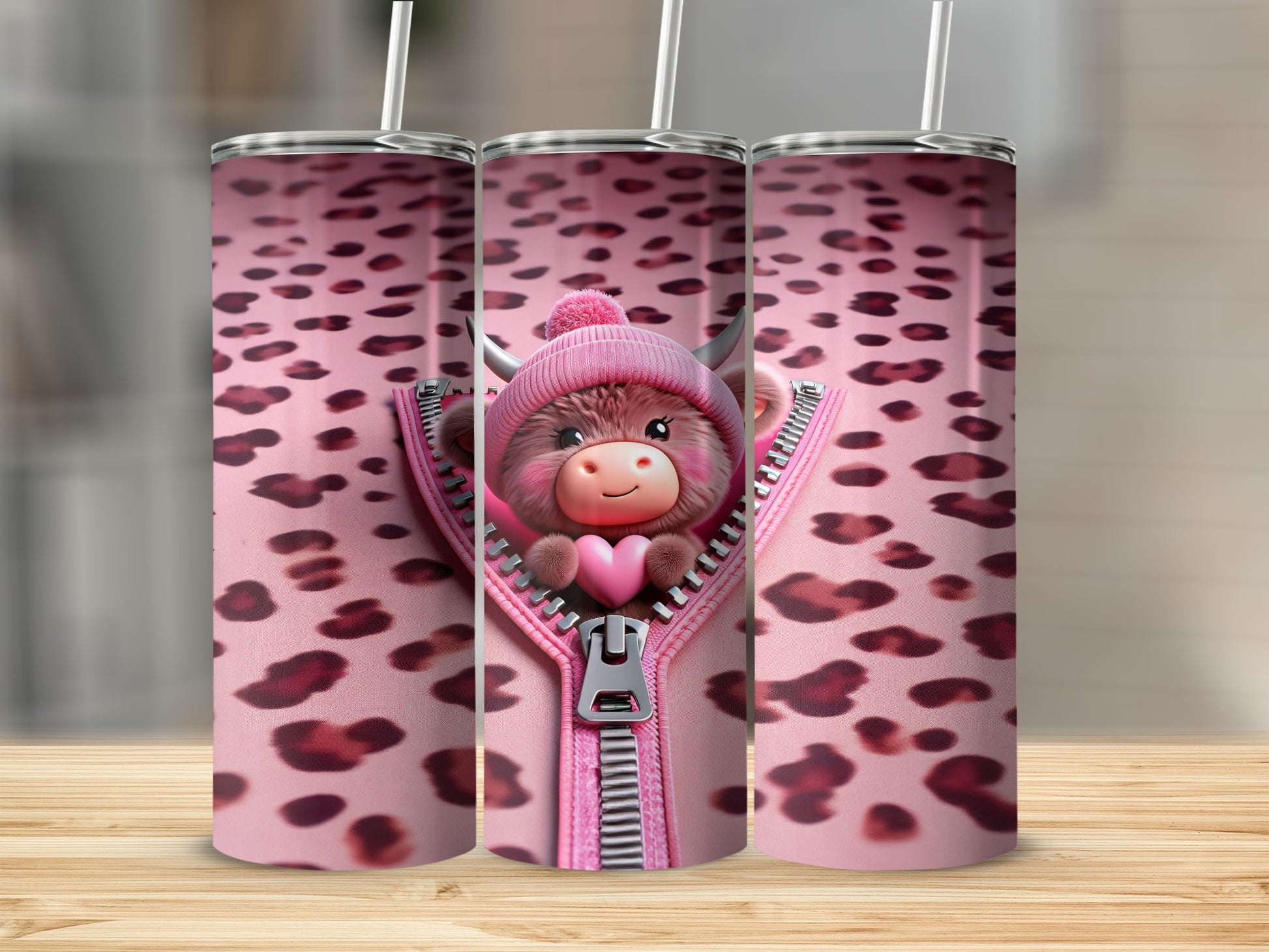 Pink Highland cow in a knitted hat and scarf with heart, on patterned background.