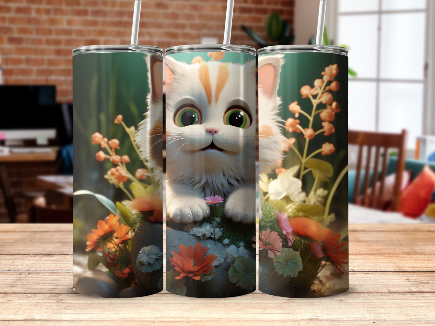 Cute Animated Cat Green Eyes Orange Flowers Tumbler product type