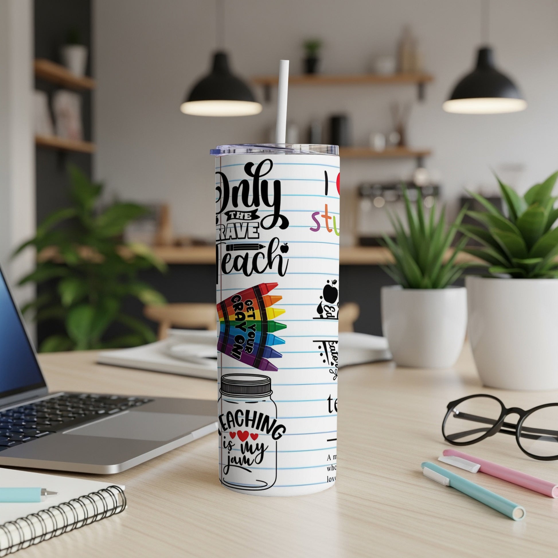 "Only the brave teach" tumbler with colorful art supplies and mason jar designs.