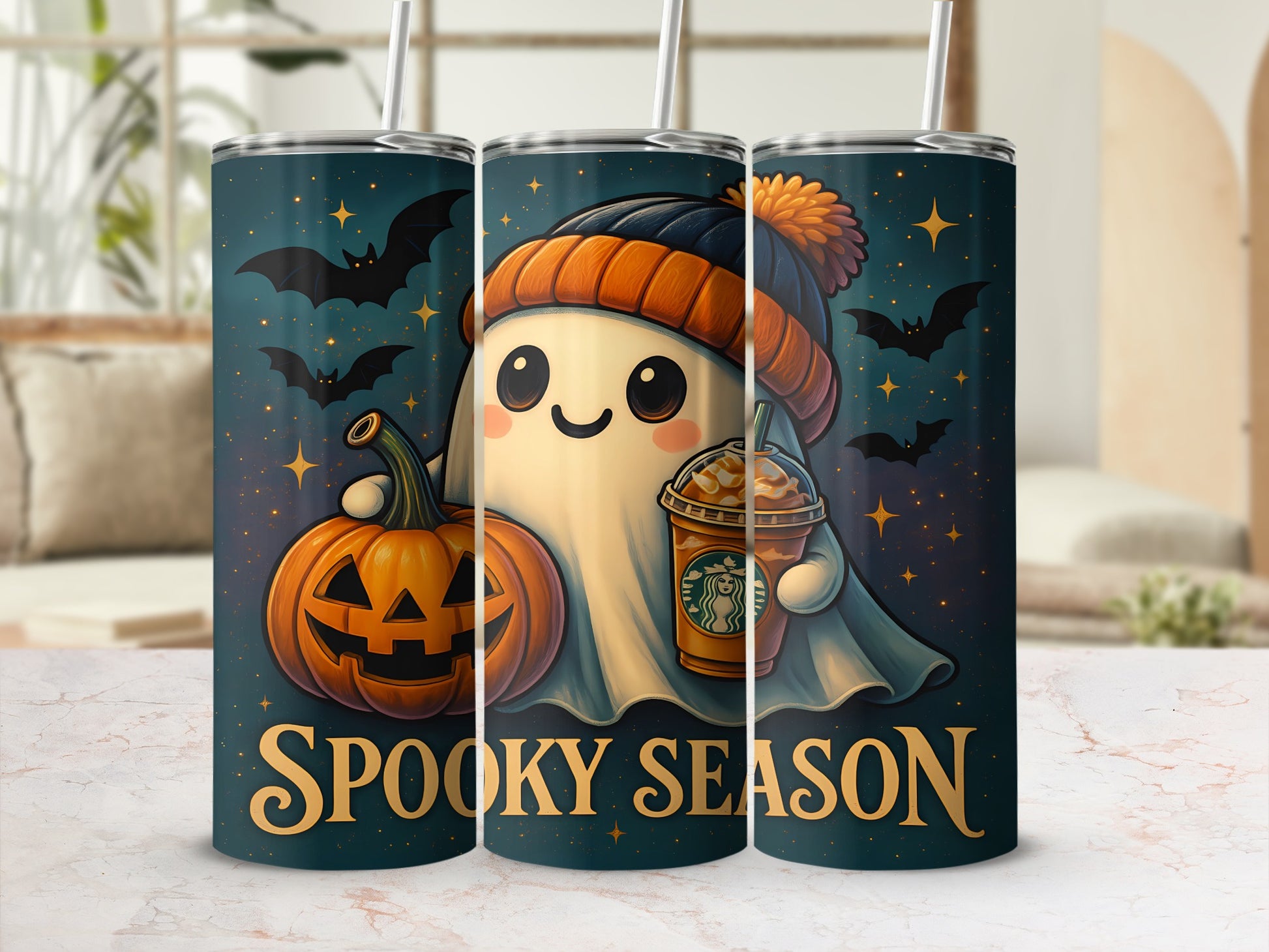 Halloween tumbler with a ghost holding a pumpkin and coffee cup, "Spooky Season" text.