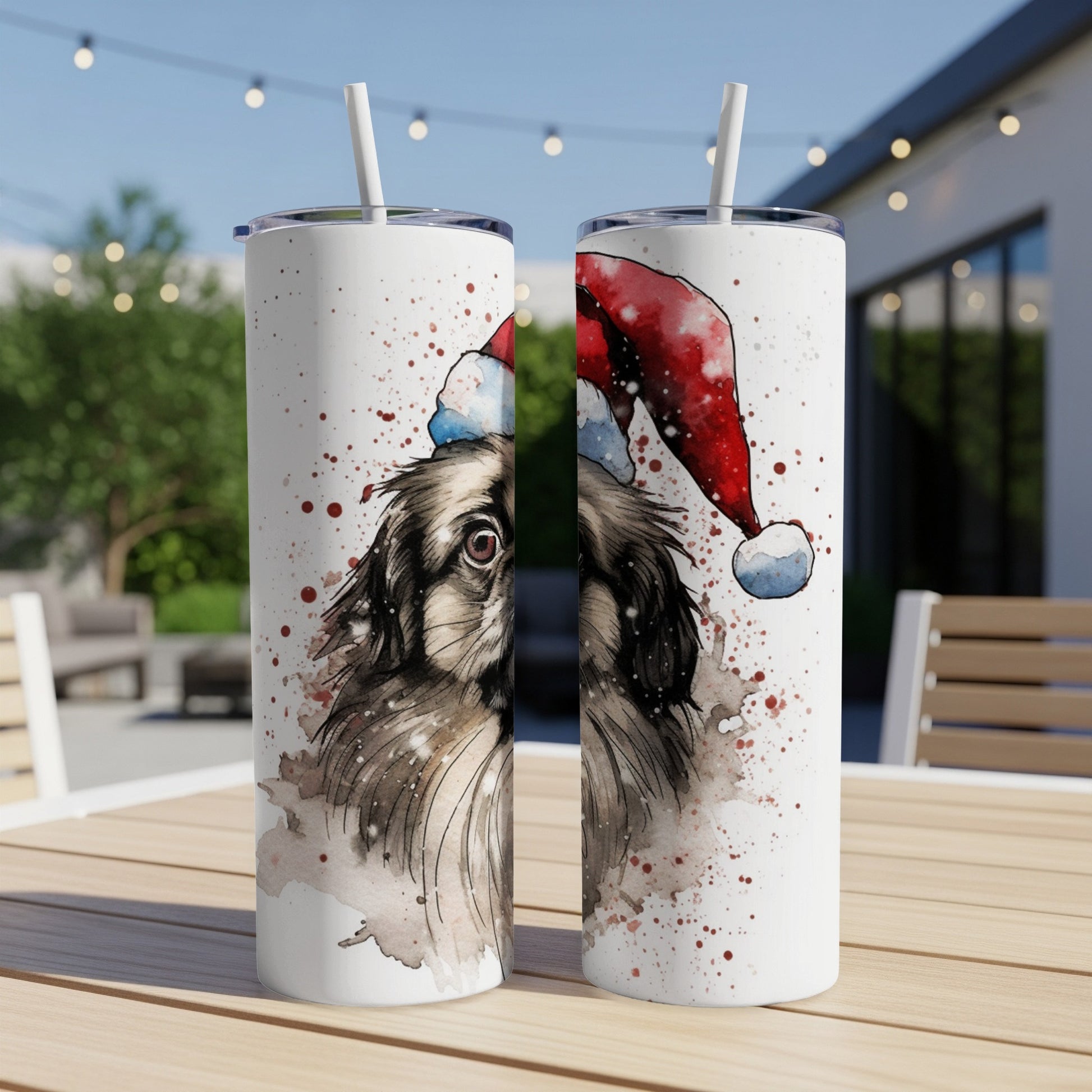 Watercolor Shih Tzu wearing a Santa hat on a festive tumbler.