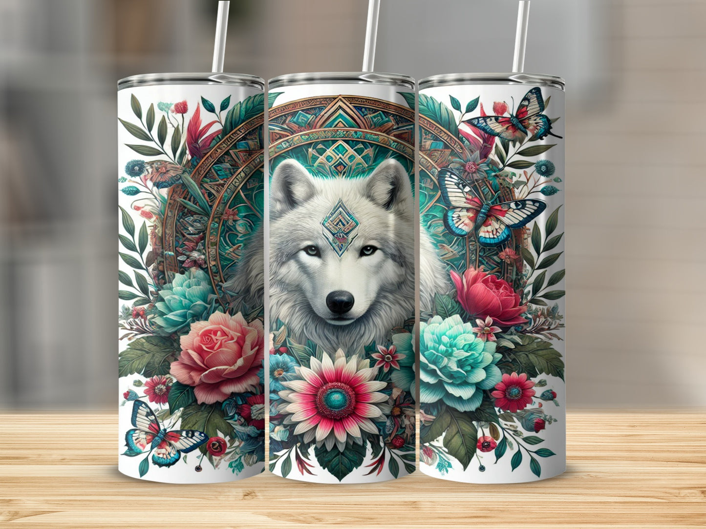 Floral Wolf Art with Butterflies Tumbler Cup Design