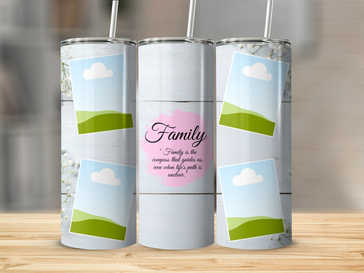 Three tumblers with a white wood design, featuring framed sky and landscape photos and "Family" quote.