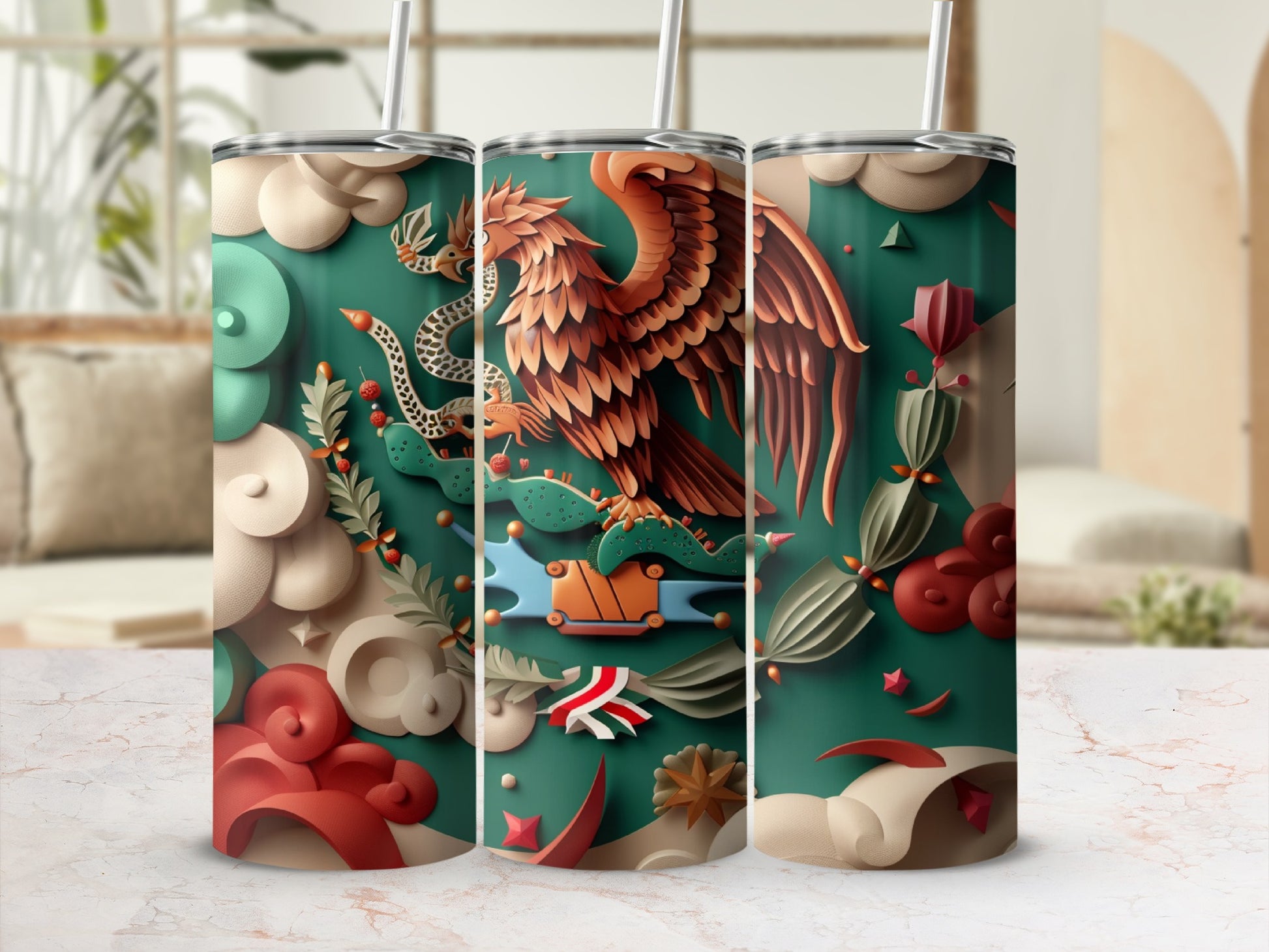 Triptych tumbler featuring Aztec eagle, serpent, and cactus with Mexican flag elements.