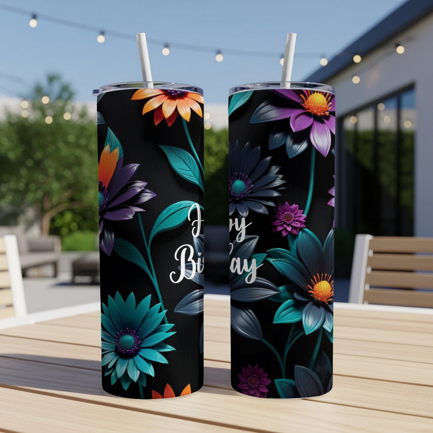 Black tumbler with floral design and "Happy Birthday" text.