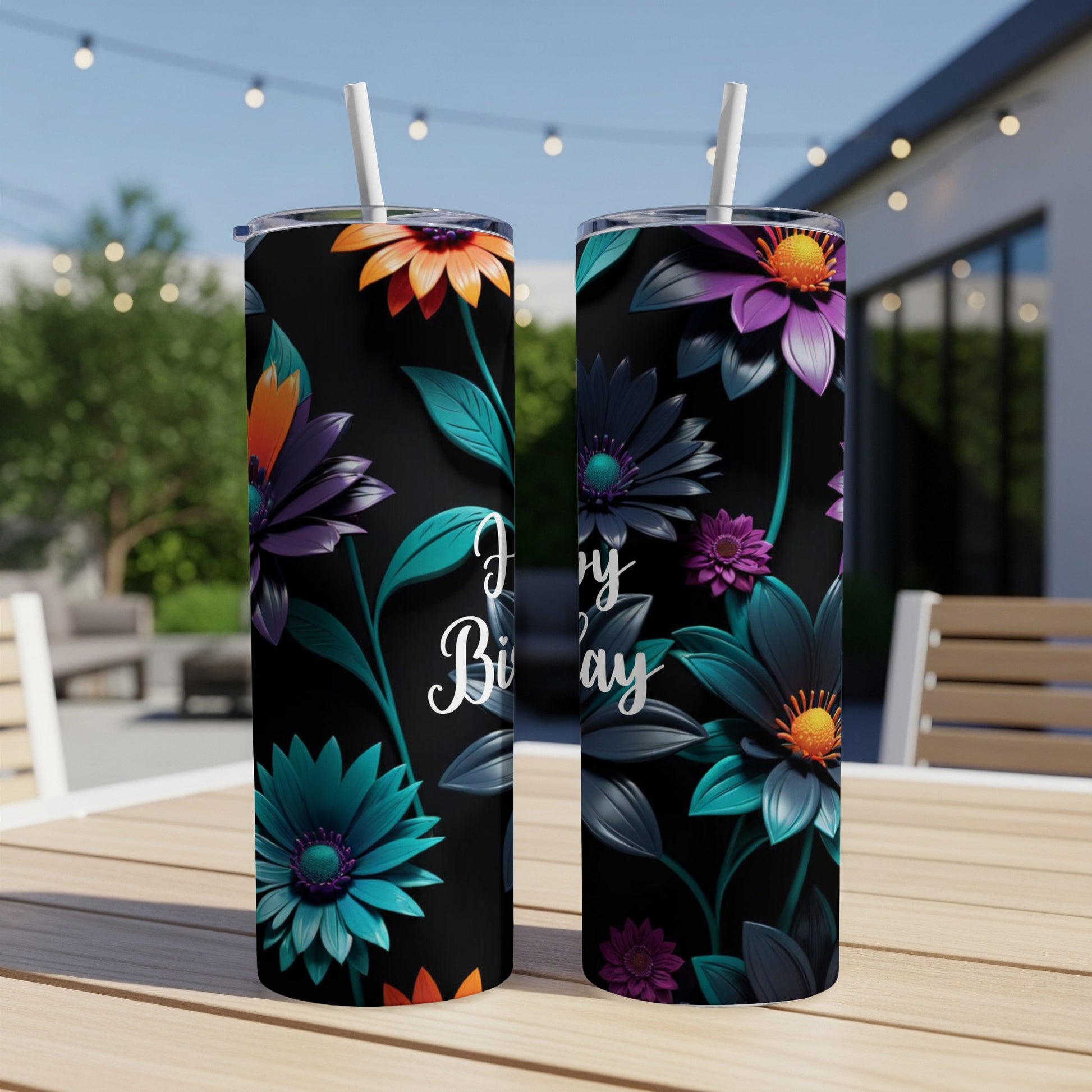 Black tumbler with floral design and "Happy Birthday" text.