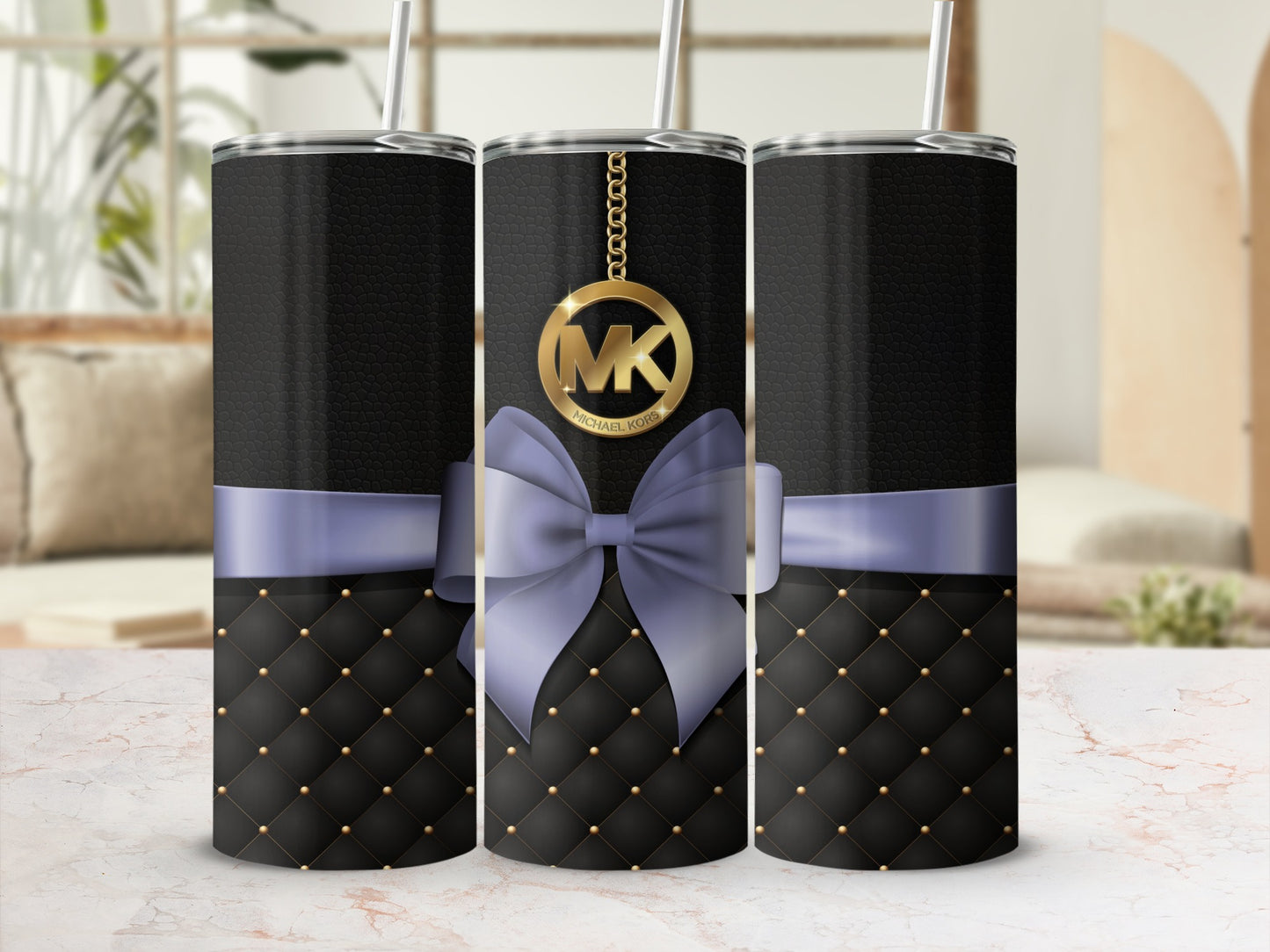 Black Quilted Pattern with Purple Bow Tumbler