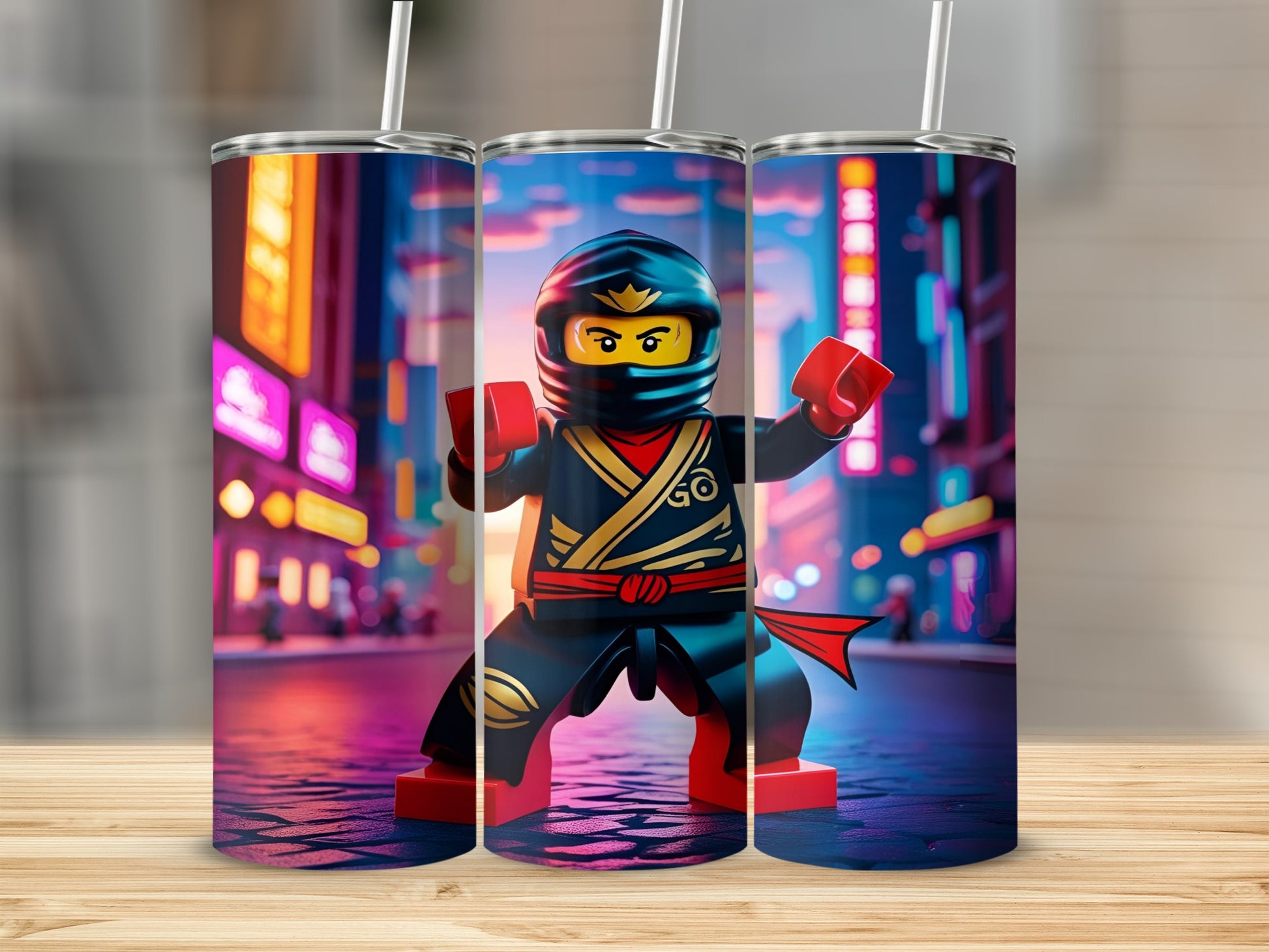 Ninjago Kai tumbler with neon city background.