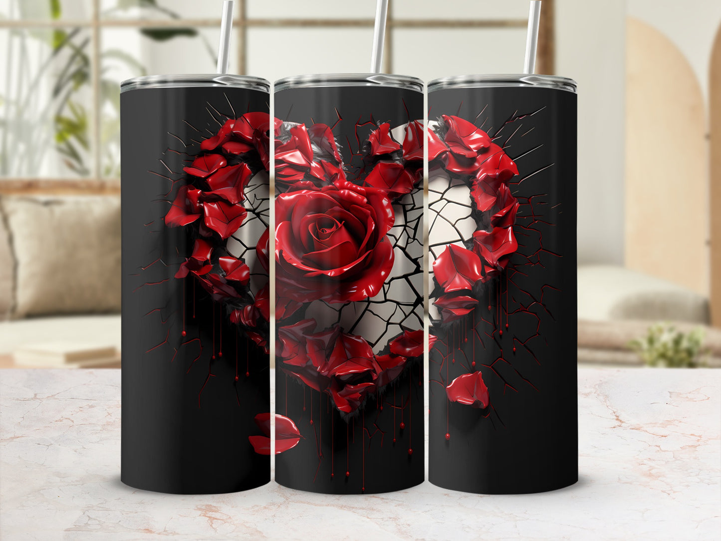 Cracked Heart and Red Rose Design Tumbler Product