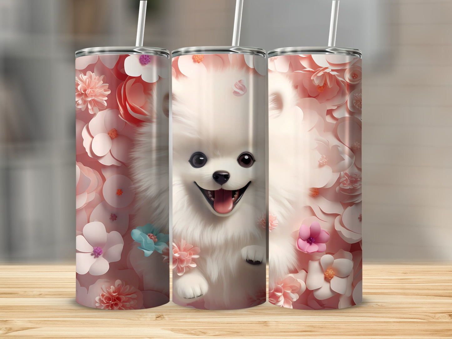Happy Fluffy Dog Pink Floral Pattern White Puppy product type