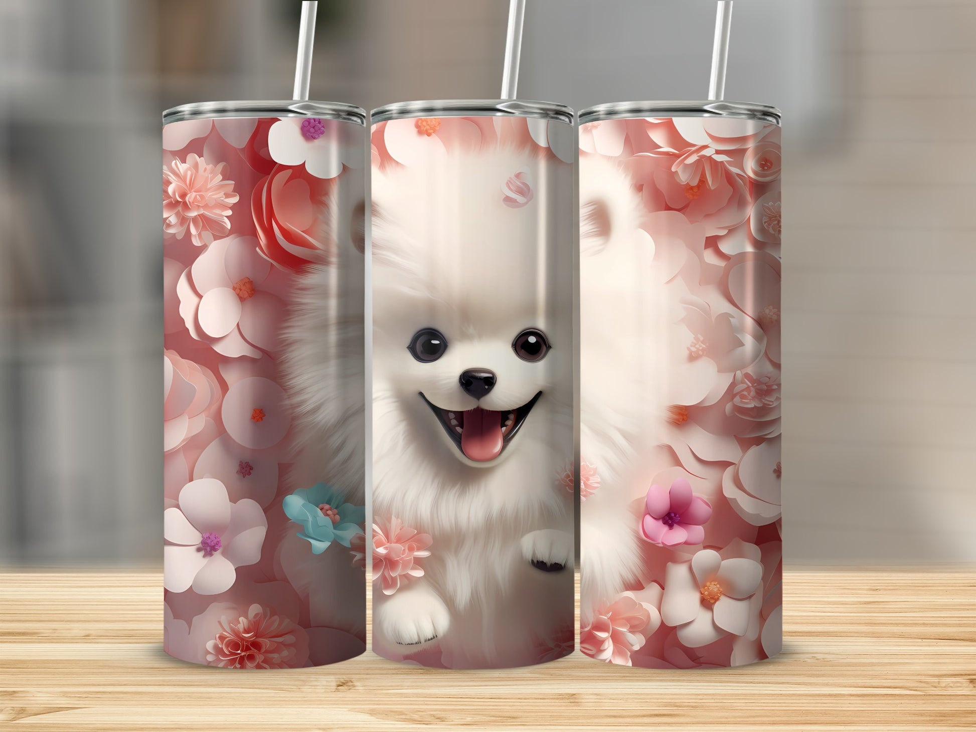 Happy Fluffy Dog Pink Floral Pattern White Puppy product type