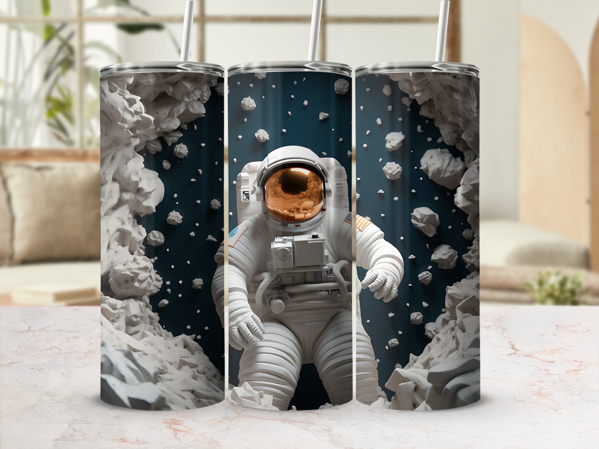 Tumbler featuring an astronaut surrounded by asteroids on a dark blue background.