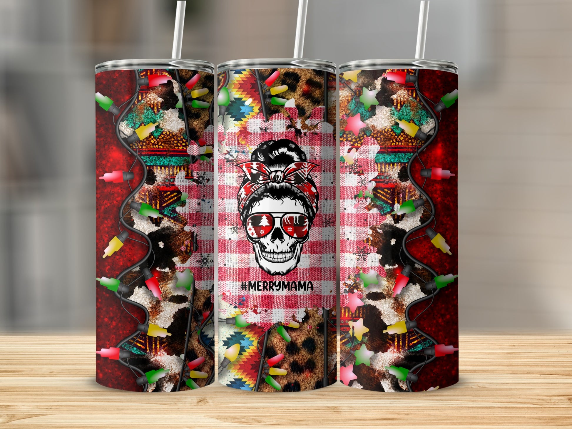 Christmas tumbler with skull and #MERRYMAMA text.
