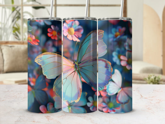 Triptych of tumblers featuring iridescent butterflies and floral patterns.