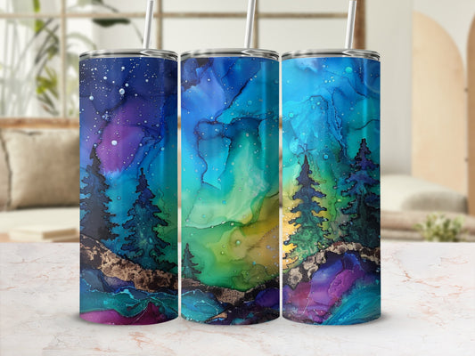 Three tall tumblers with abstract blue, green, and purple aurora borealis and forest design.