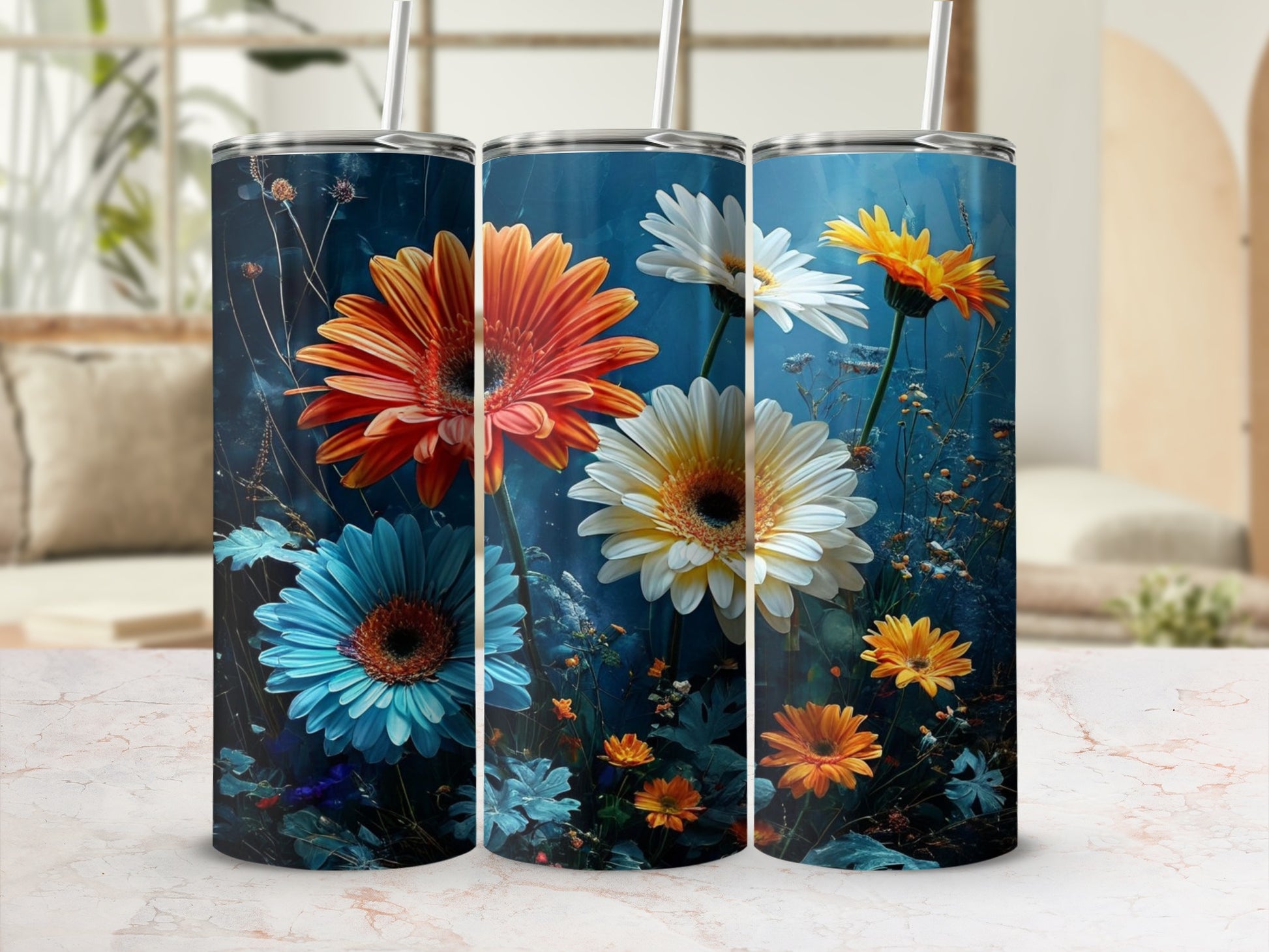Blue and orange gerbera daisies bloom against a dark, watery background.