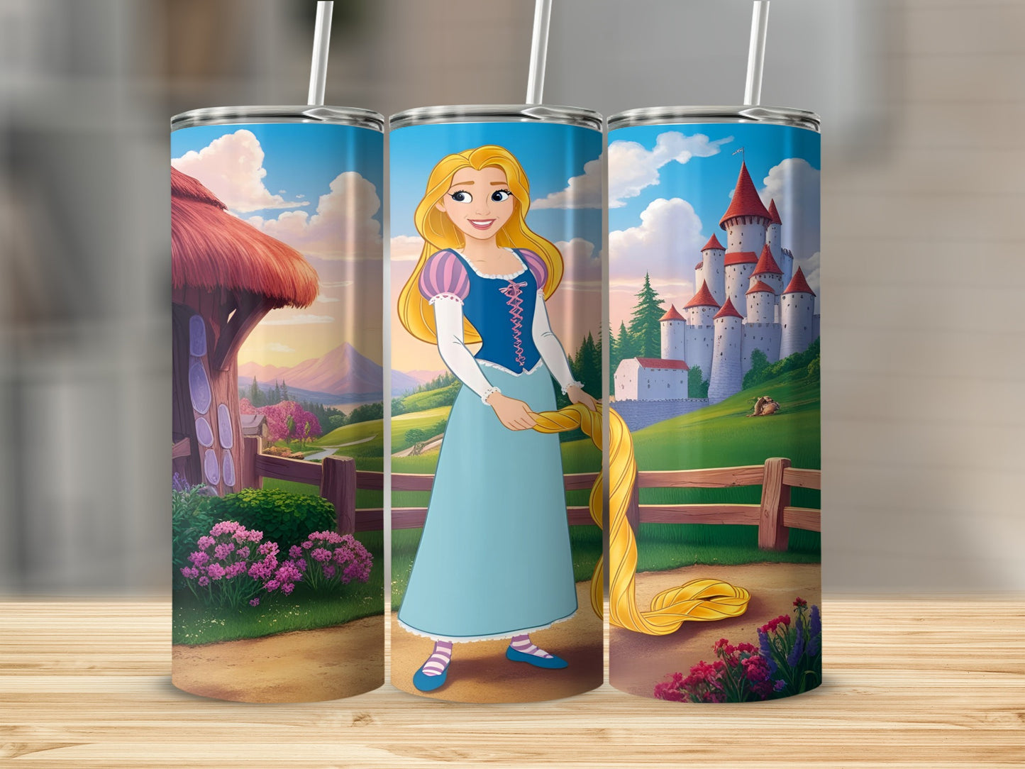 Rapunzel with long blonde hair standing in front of a castle.