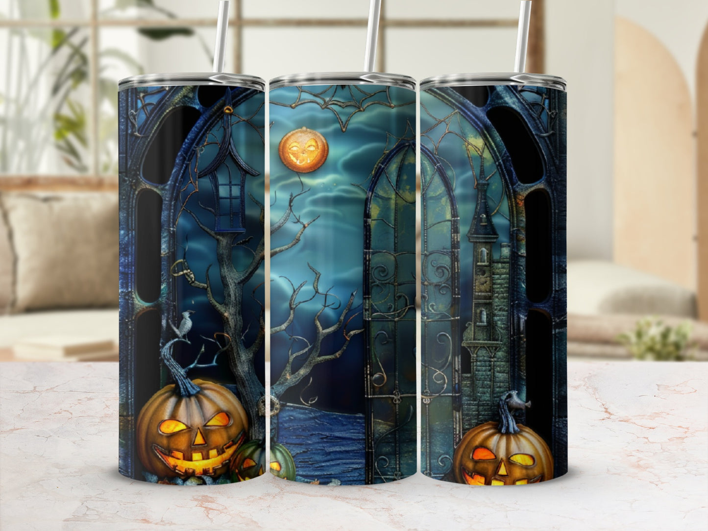 Halloween scene with pumpkins, moon, and castle on a tumbler.